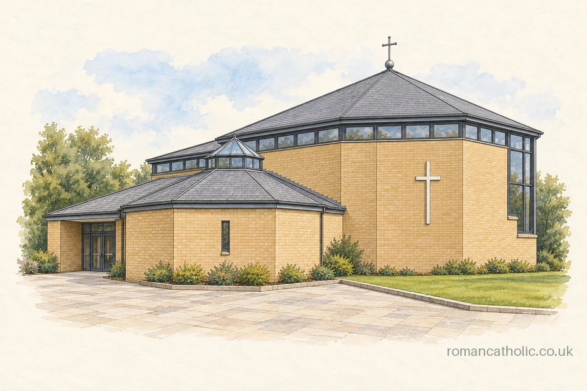 Holy Family in Kings Lynn, with polygonal brick volumes and broad hipped roofs.