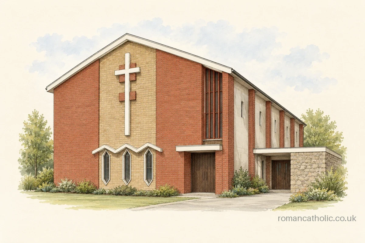 Illustration of Holy Family, Hollinwood, with a large white cross and three angular window canopies.