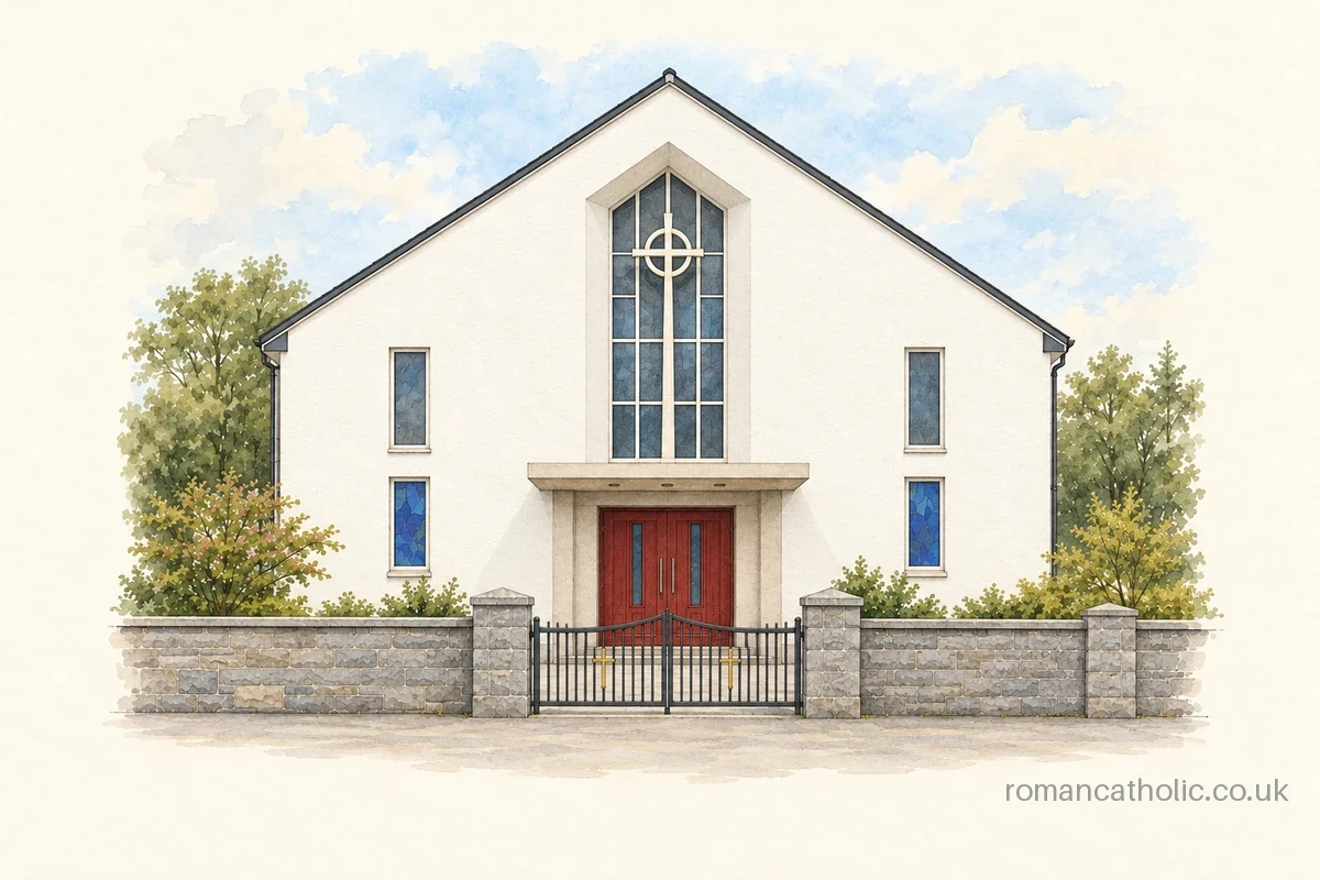 Holy Family in Beacon Park, Plymouth, with large recessed window and Celtic cross.