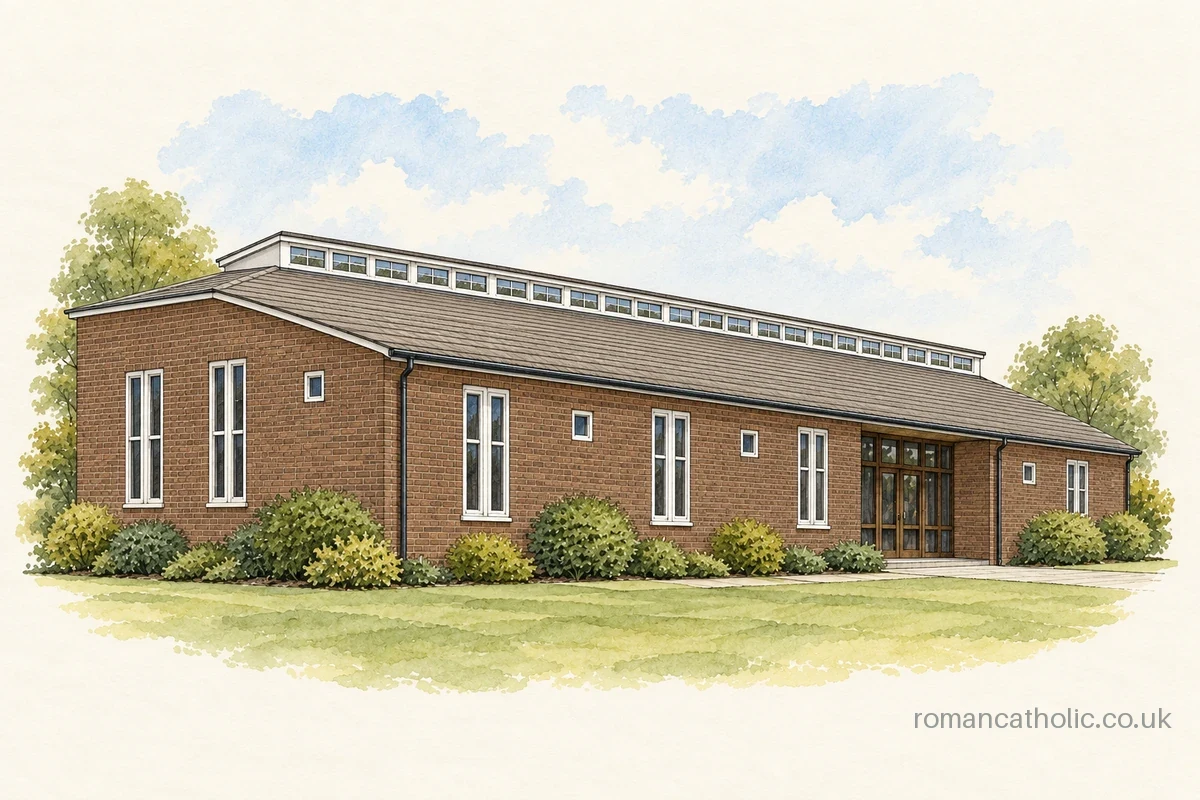 Illustration of Holy Family, Sale Moor, with a long glazed clerestory.