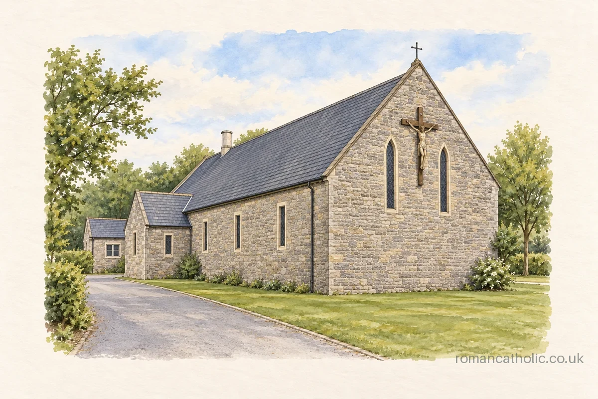 Small stone church with paired lancets and a large crucifix on its gable.