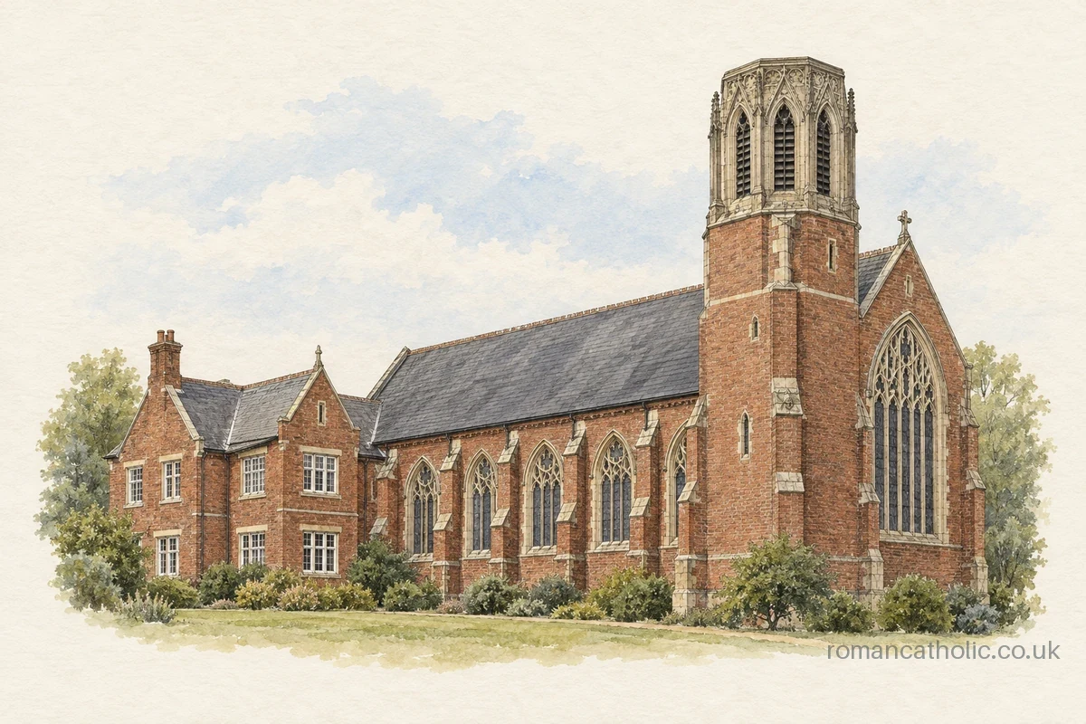 Illustration of Holy Family, Southport, with a red-brick nave and ornate stone belfry.