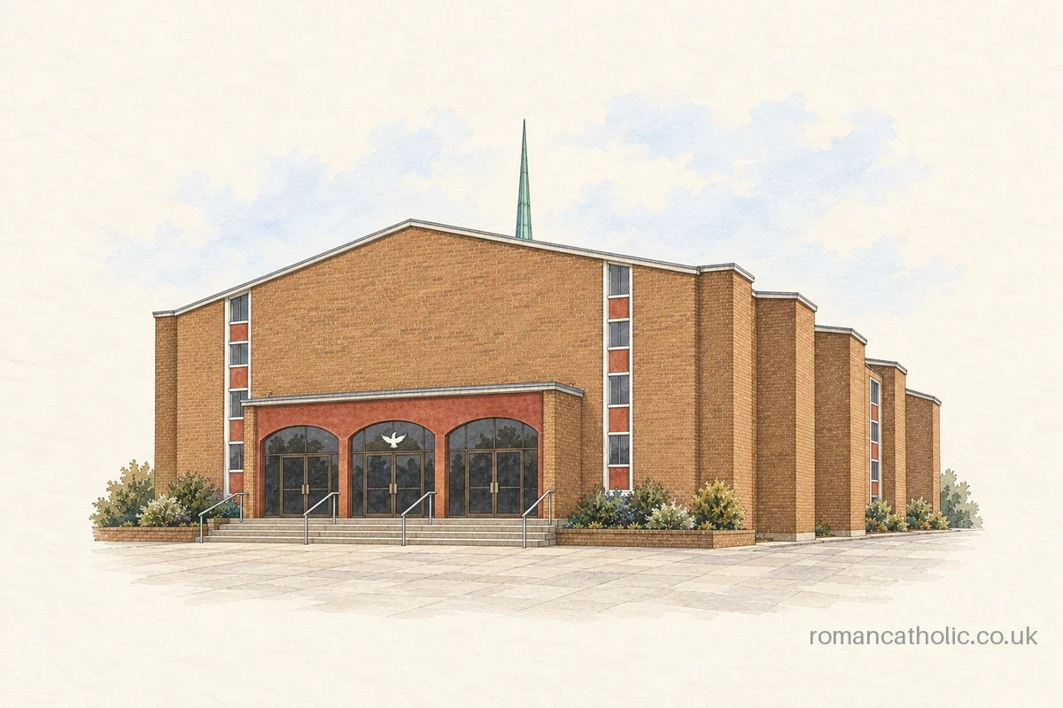 Watercolour and ink illustration of Holy Ghost church in Luton, with brown brick walls, three arched entrance screens and a slender green spire.