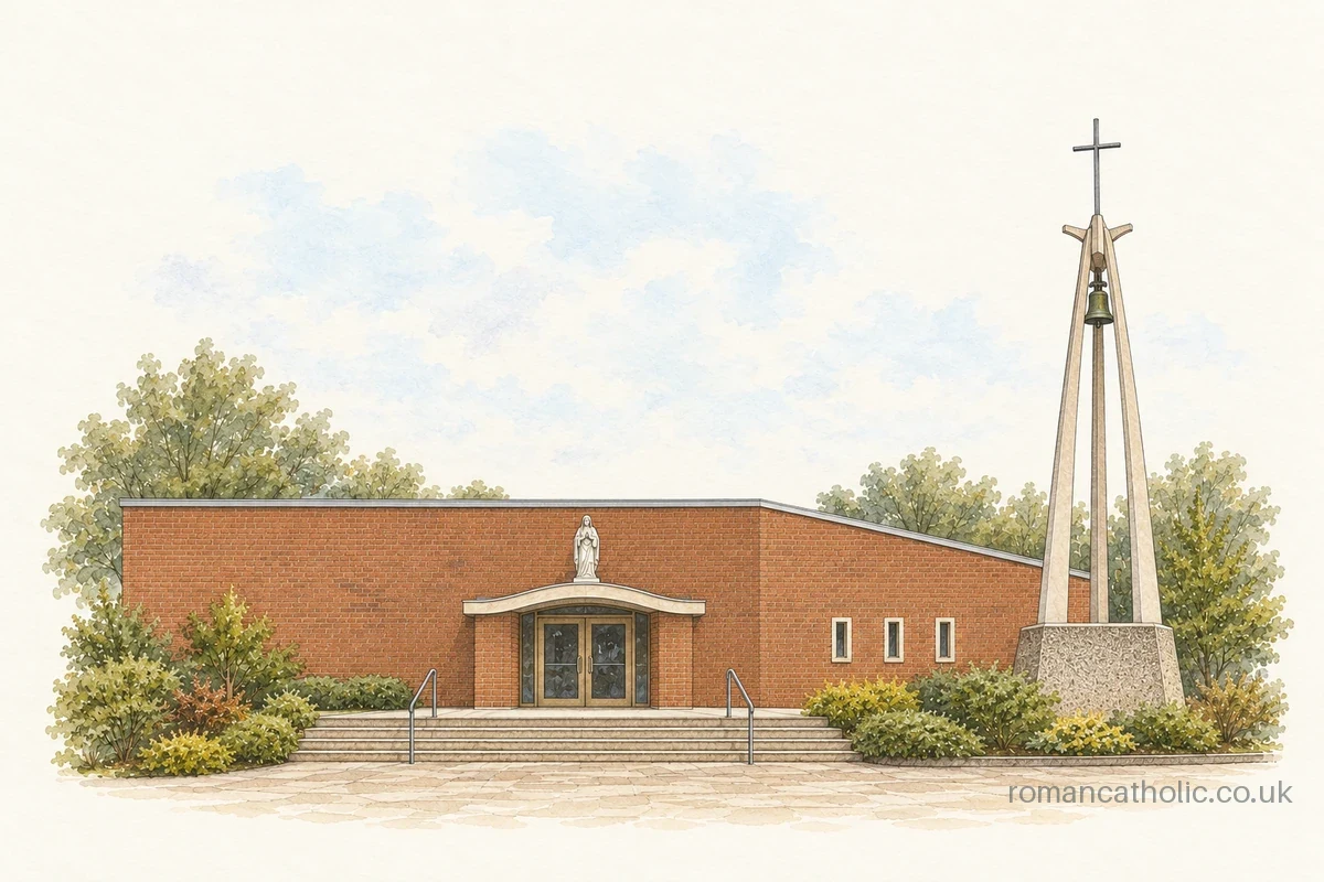 Illustration of Holy Rosary, Aintree, with a curved entrance porch and open concrete bell tower.