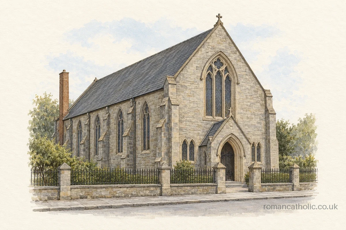 Stone Gothic church with a tall front window, small gabled porch and buttressed nave.