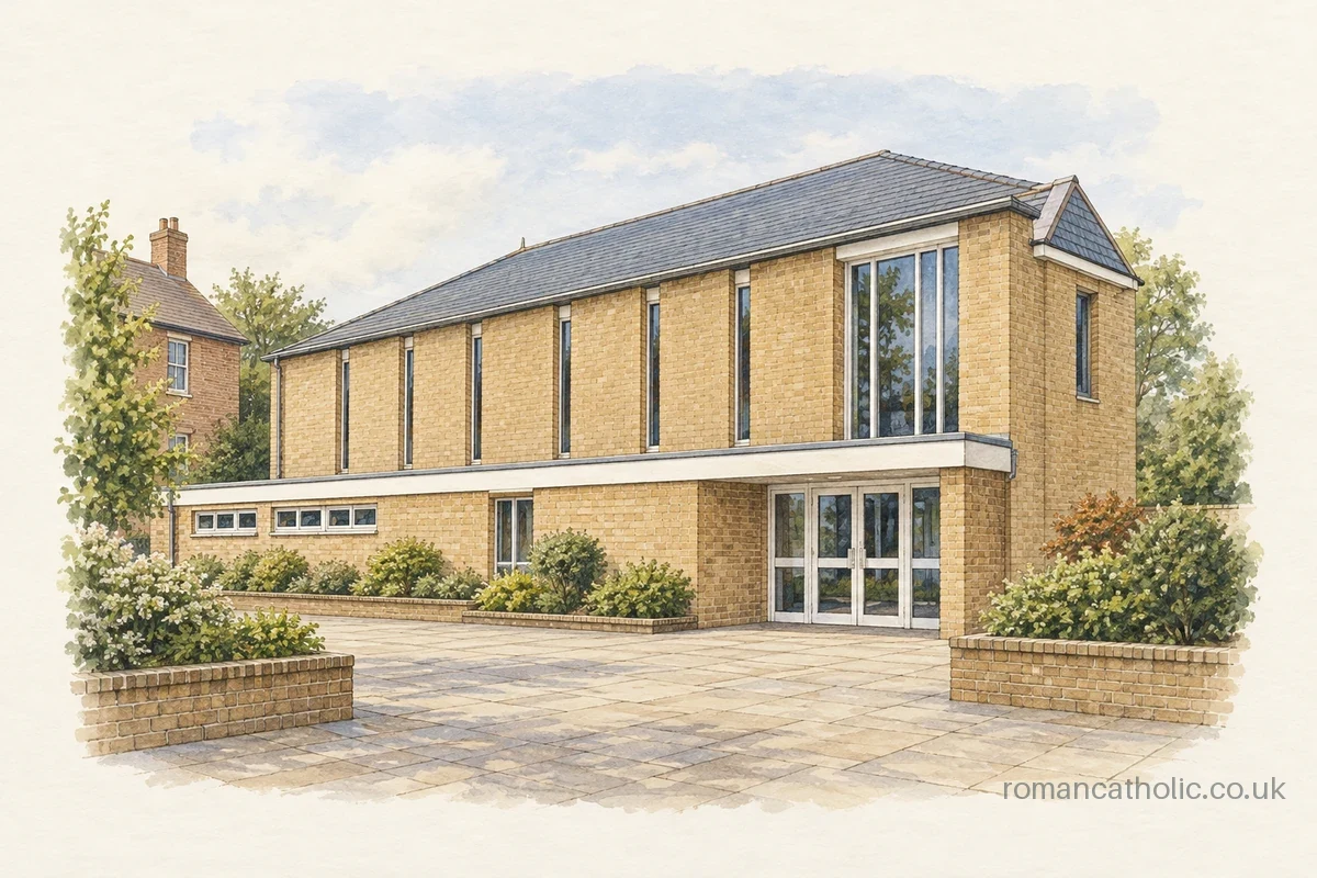 Immaculate Conception in Oadby, a yellow-brick modern church with slit windows and glazed entrance.