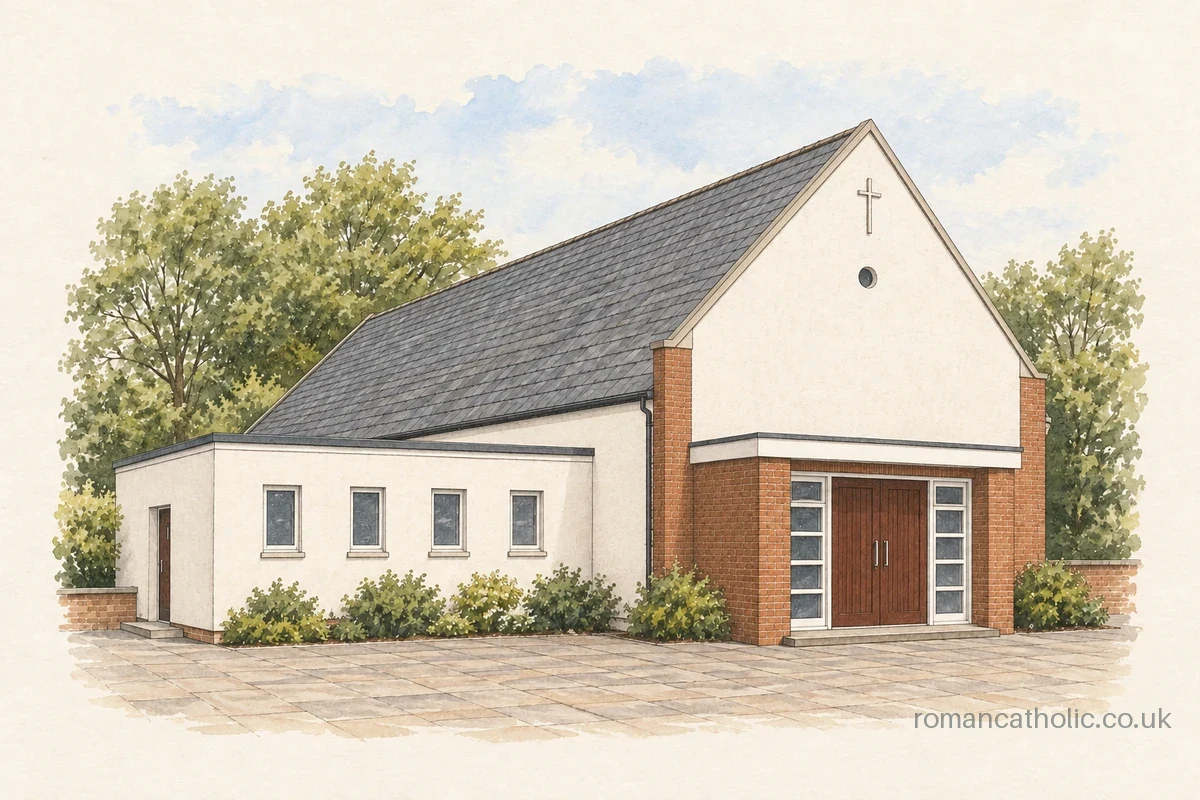 Most Holy Redeemer in Sawbridgeworth, with its plain white gable and brick entrance porch.