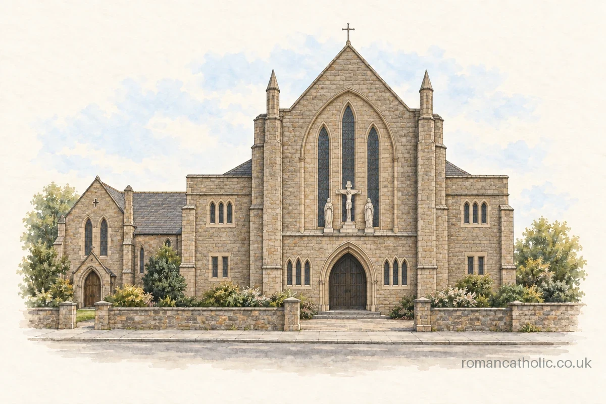 Mother of God and St Wilfrid in Sheffield, with a stone Gothic facade and crucifix beneath triple lancets.