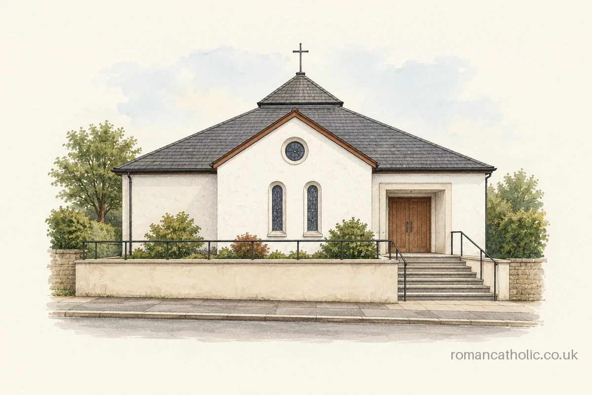 Illustration of Our Holy Redeemer in Stornoway, with white walls, round windows and a cross above the hipped roof.