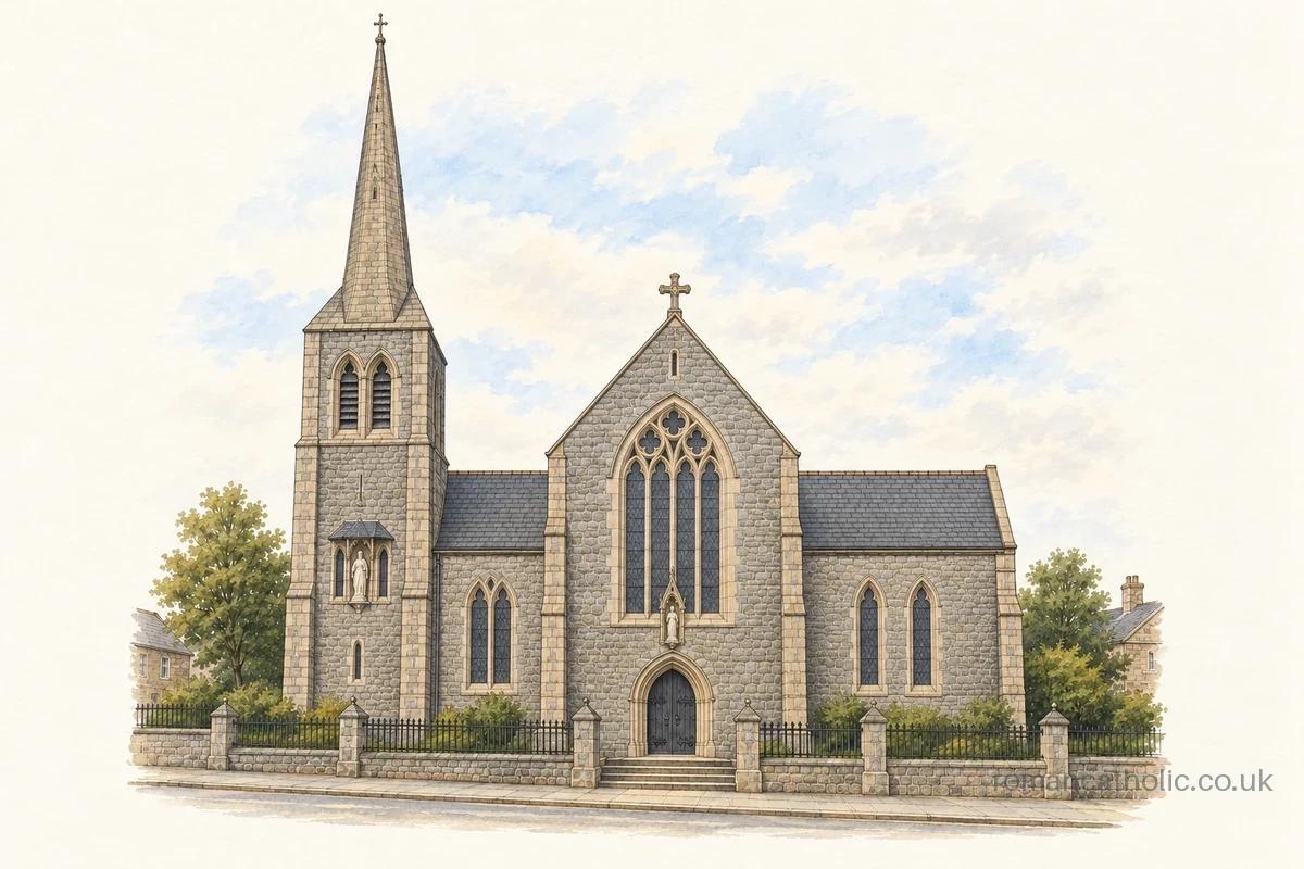 Illustration of Our Immaculate Lady of Victories, Clapham, with its tall stone spire and Gothic frontage.