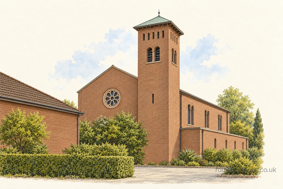 Brick church with circular front window and a slender Italian-style bell tower.