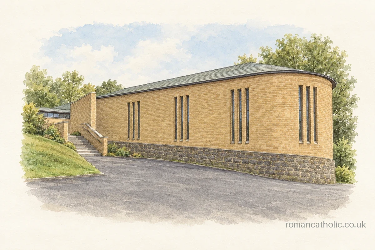 Low modern brick church with a rounded wall and groups of very narrow vertical windows.