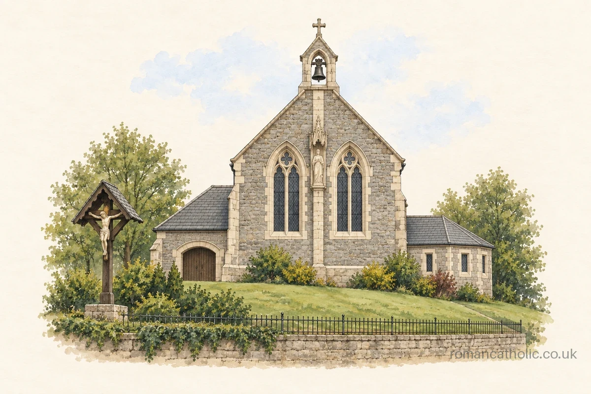 Illustration of Our Lady and St Patrick, Maesteg, with a stone bellcote and sheltered outdoor crucifix.