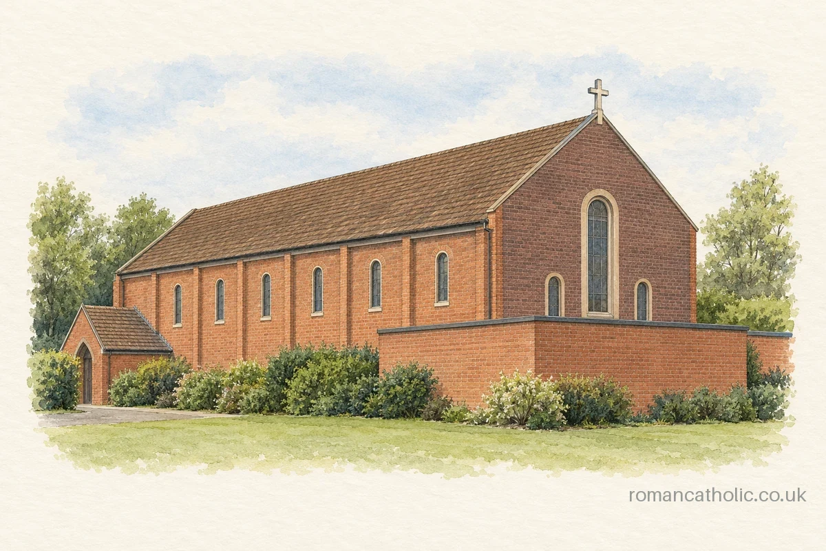 Our Lady and St Wulstan Southam, a long brick church with round-headed windows.