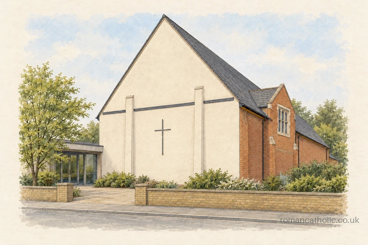 Plain cream gable of Our Lady Help of Christians in Farnborough.