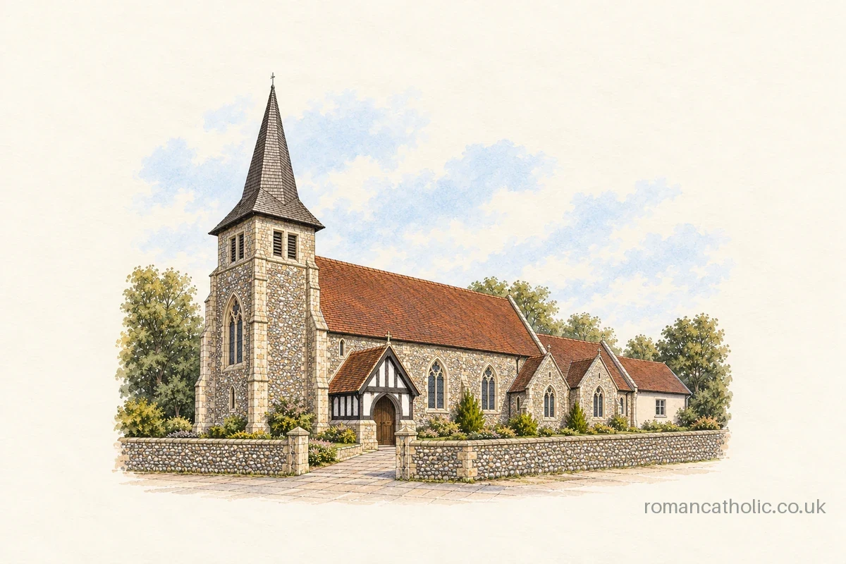 Our Lady Help of Christians, Rickmansworth, with its flint tower and tall spire.