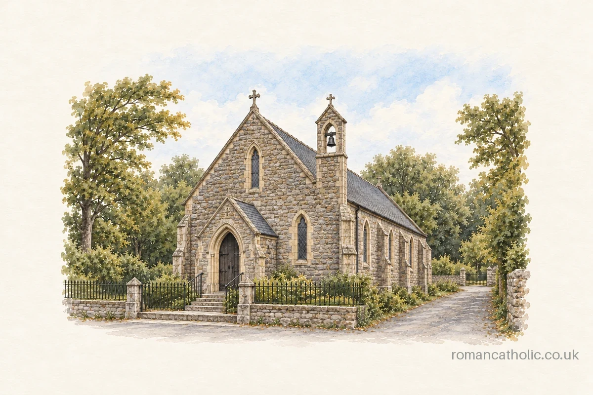 Our Lady Immaculate in Pateley Bridge, a small stone chapel with an open corner bellcote.
