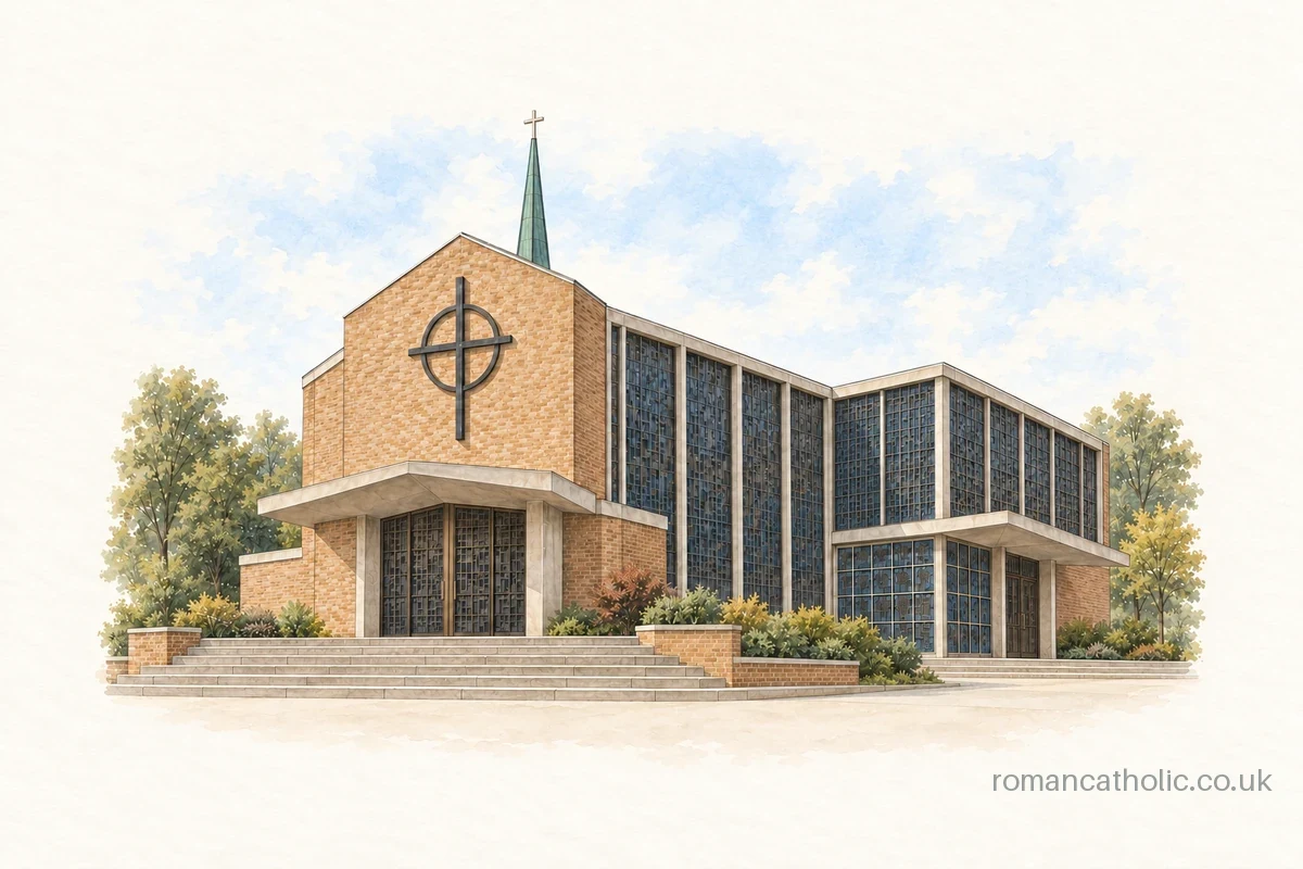 Our Lady Lillington, a modern church with tall patterned glazing and a green needle spire.