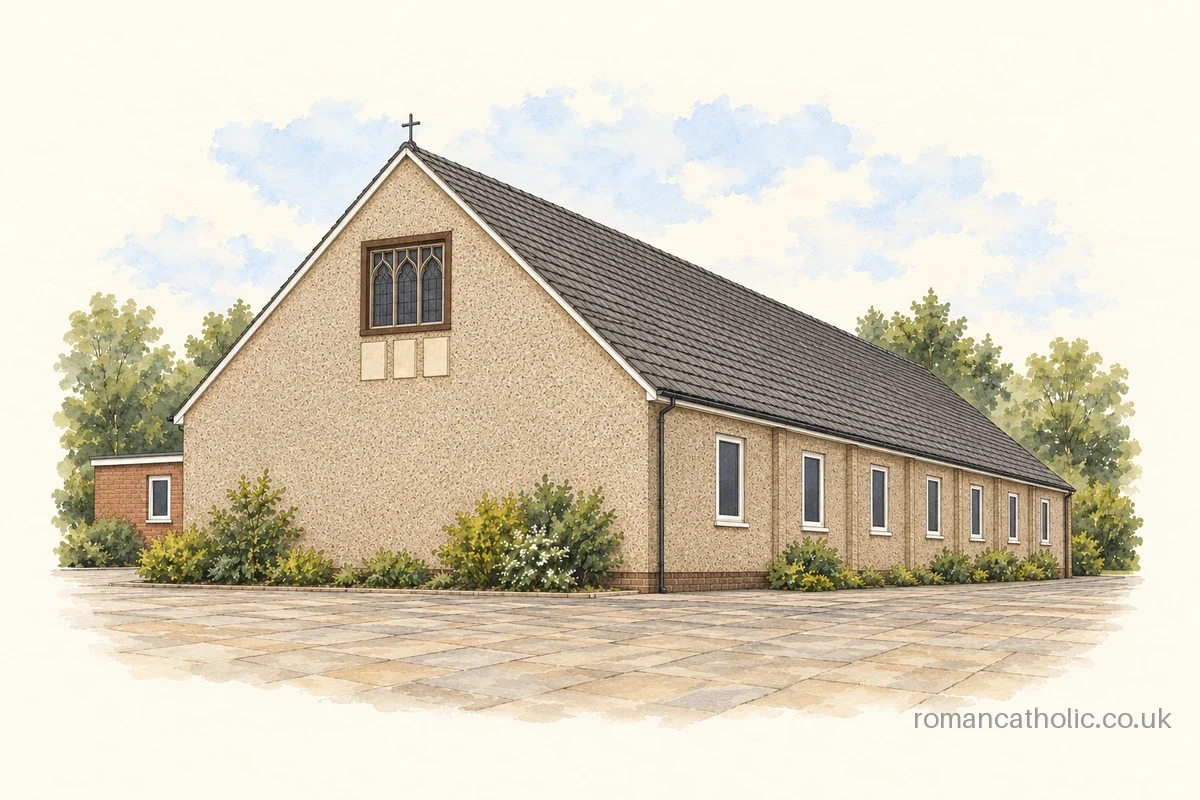Our Lady Mother of God in Norwich, with a broad grey roof and traceried gable window.