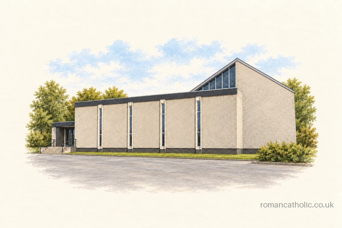 Illustration of Our Lady Mother of the Church in Currie, showing a pale modern side wall with narrow vertical windows and a raised wedge-shaped roof.