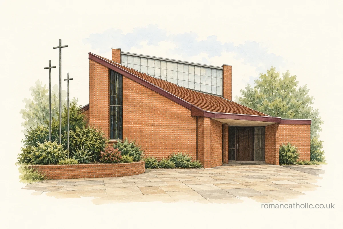Our Lady, Mother of the Saviour in Runcorn with angular roof and three slender crosses.