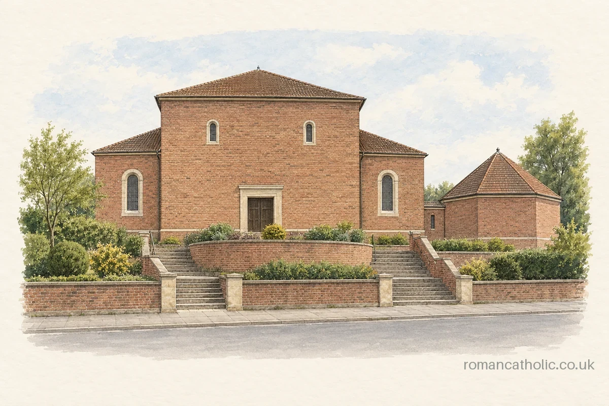 Our Lady of Beauchief and St Thomas of Canterbury in Sheffield, with a broad brick front and twin approach stairs.