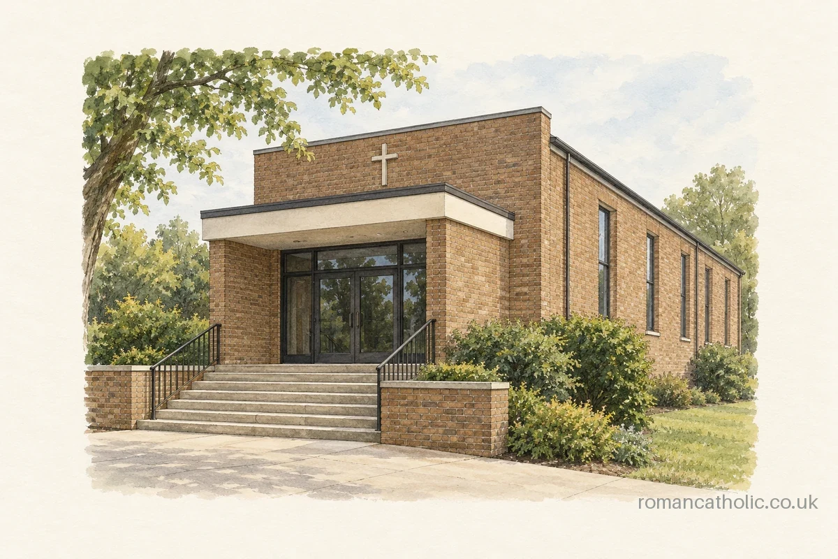Our Lady of Fatima in Barnton with brick entrance porch and stepped approach.