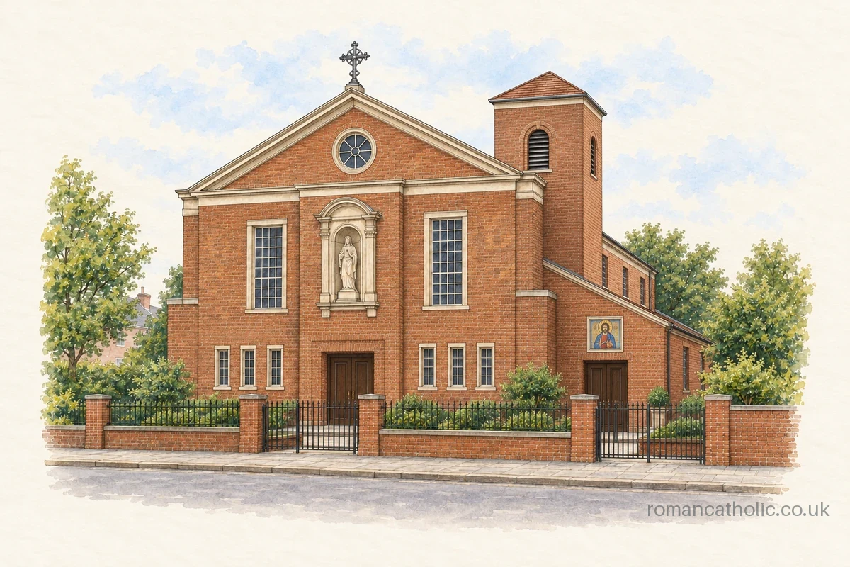 Red brick classical church with a pediment, statue niche and small square tower.