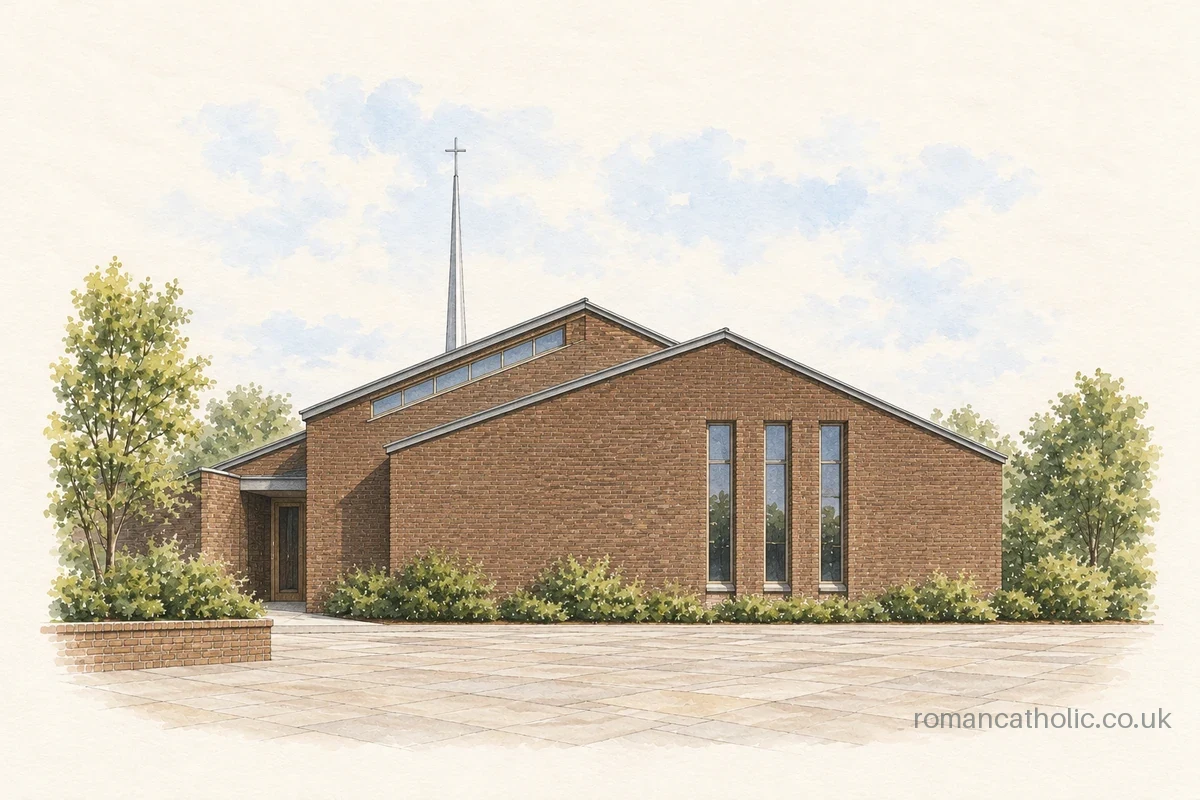 Our Lady of Good Counsel, Wickford, with angular brick forms and slender pale spire.