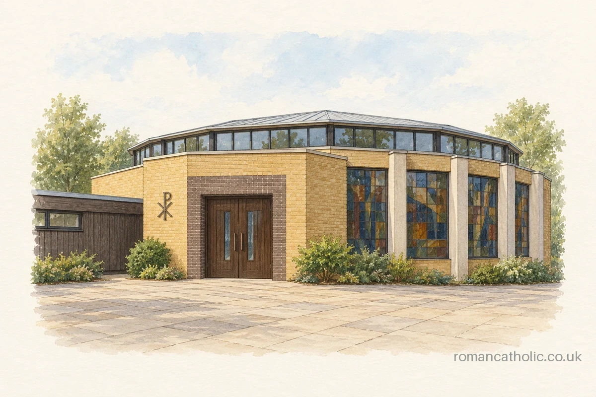 Watercolour and ink illustration of Our Lady of Light in Long Crendon, showing its low polygonal brick form and raised clerestory.