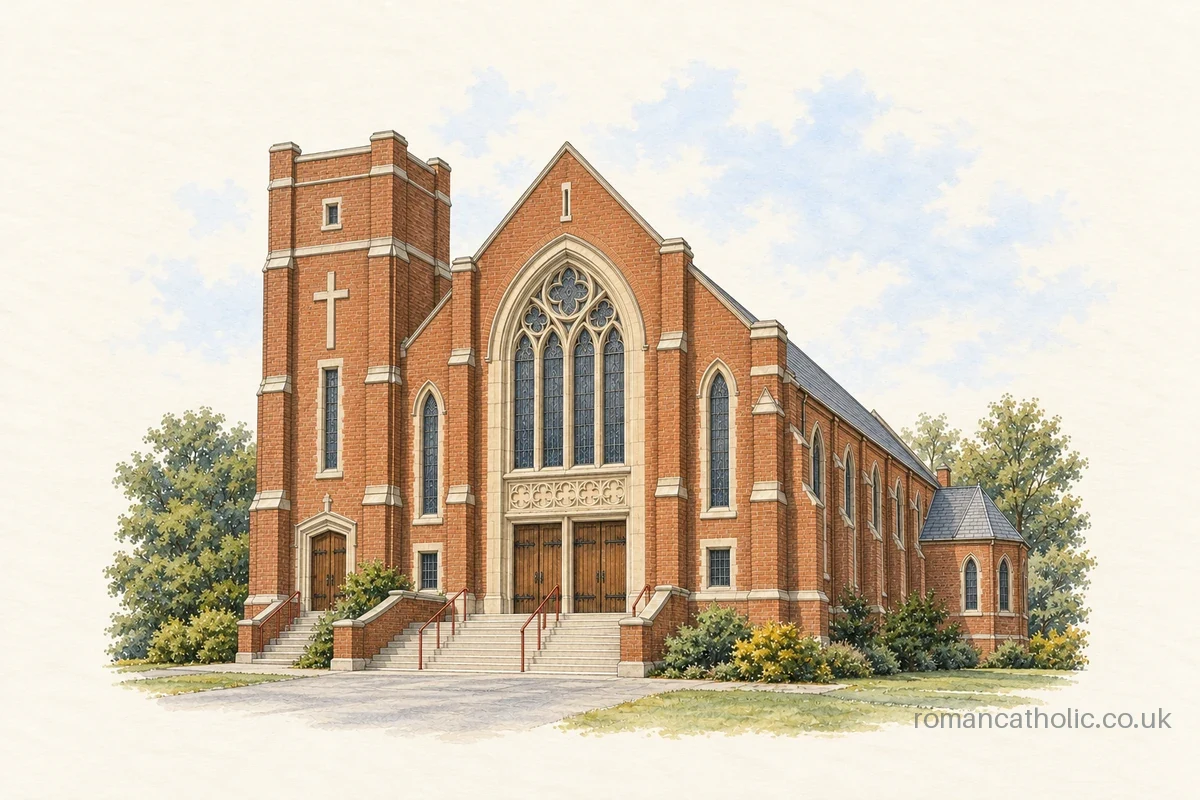 Illustration of Our Lady of Lourdes in Cardonald, with red brick walls, a large traceried window and square left tower.