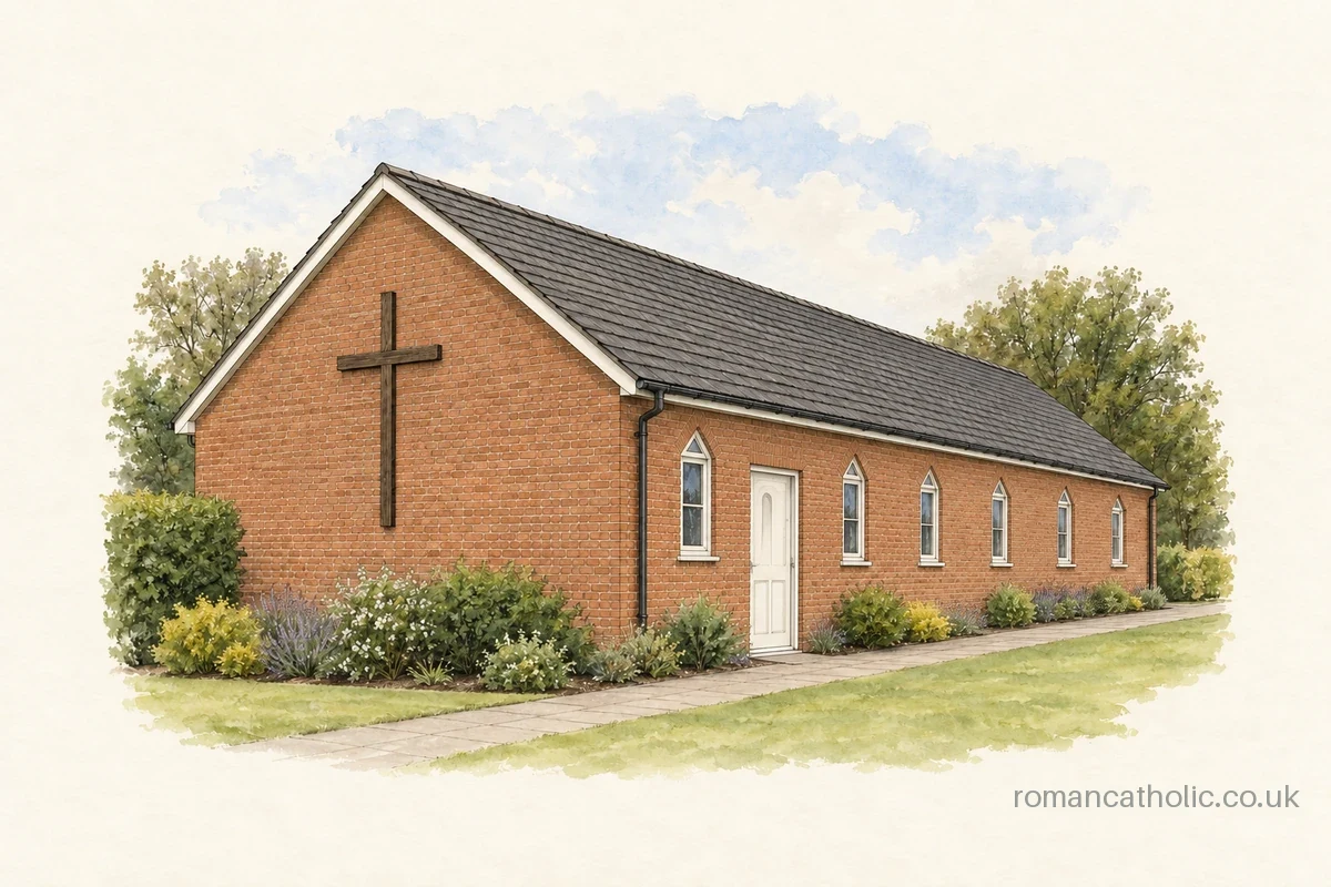 Illustration of Our Lady of Lourdes, Chopwell, with red brick walls and a simple pitched roof.