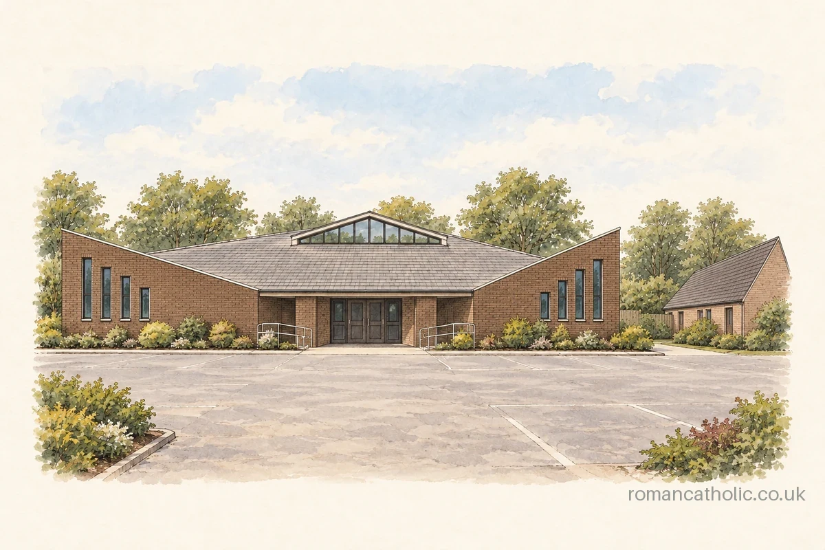 Low modern church with a sweeping tiled entrance roof and a shallow glazed dormer.