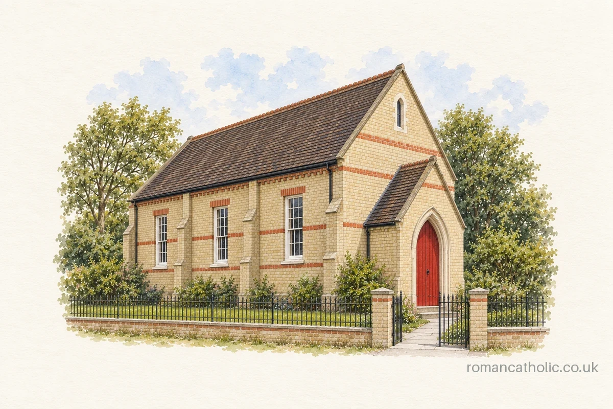 Our Lady of Lourdes in Hatfield Broad Oak, with patterned brickwork and a red entrance door.