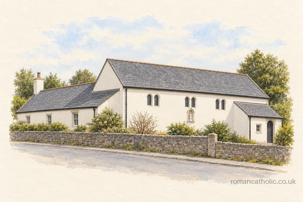 Our Lady of Lourdes in Plympton with white walls, paired roundheaded windows and slate roofs.