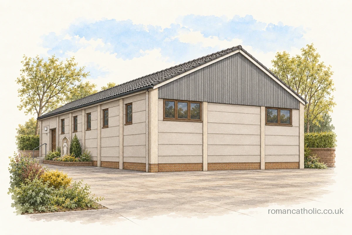 Our Lady of Lourdes in Sawston, a simple panelled chapel with grey pitched roof.