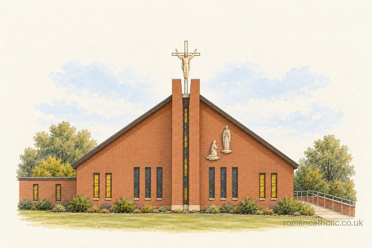 Illustration of Our Lady of Lourdes, Shotton, with a broad brick gable and central piers supporting a figure of Christ.