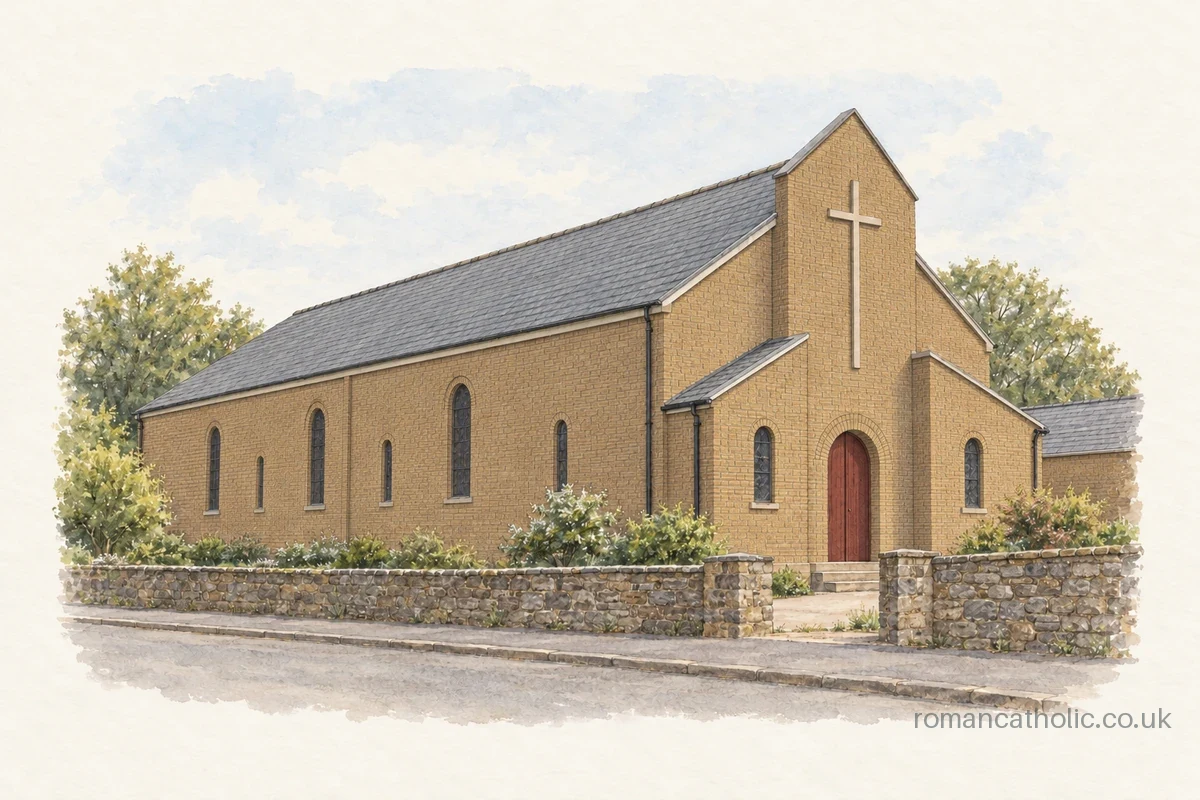 Our Lady of Lourdes and St Bernadette in Kingswood, a plain brick church with a raised front gable and applied cross.
