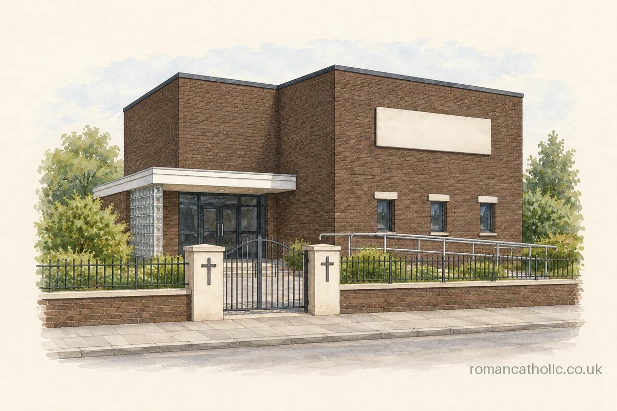 Illustration of Our Lady of Lourdes, Townhill, with flat-roofed brick blocks and a low entrance canopy.