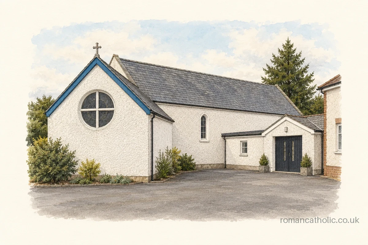 Our Lady of Mount Carmel and St Teresa in Efford, with white walls and round chapel window.