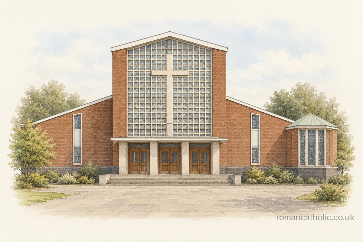 Illustration of Our Lady of Mount Carmel in Kilmarnock, with a large cross set into a gridded glass facade.