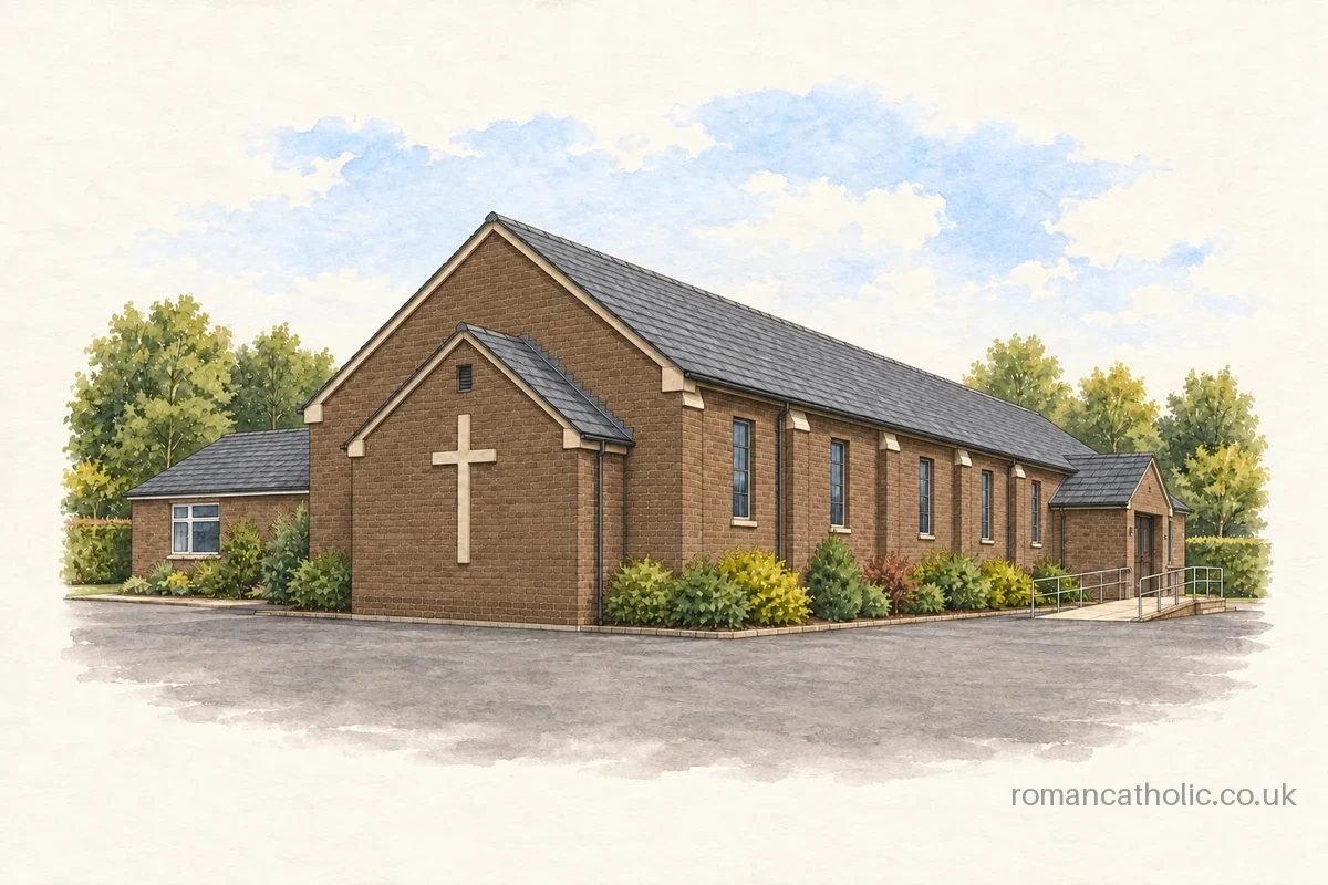 Plain brick church with a large pale cross on its blank gabled sanctuary wall.