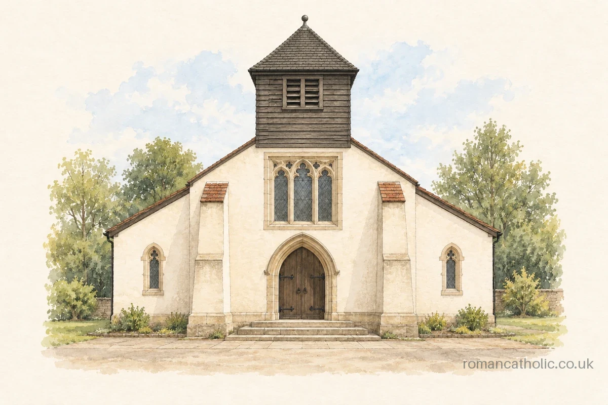 Watercolour and ink illustration of Our Lady of Perpetual Succour in Chesham Bois, with pale walls, Gothic entrance and dark timber belfry.