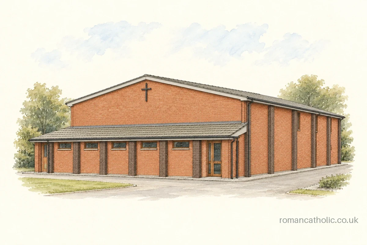 Rear view of the modern red-brick Our Lady of Perpetual Succour church in Churchdown.