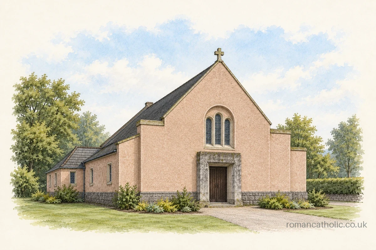 Illustration of Our Lady of Sorrows in Fintry, with a pale gabled front, triple arched windows and a heavy stone entrance surround.