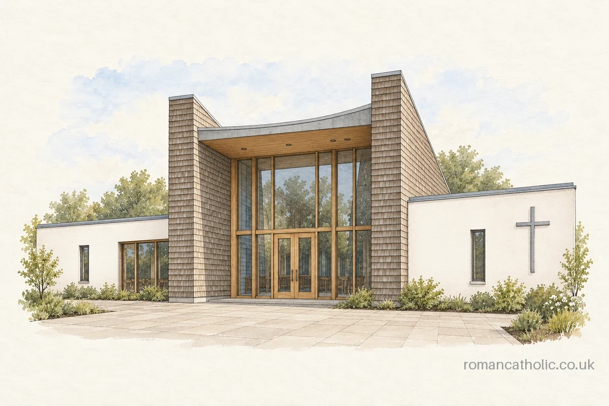 Our Lady of the Angels in Saltash with shingled entrance fins and curved canopy.