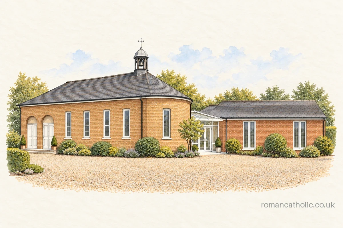 Our Lady of the Annunciation in Poringland, with a curved brick end and small bell cupola.