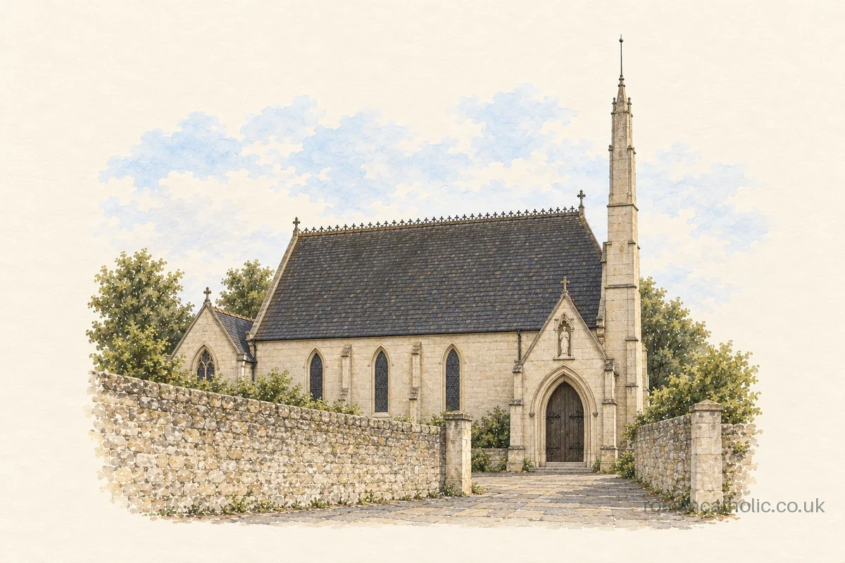 Our Lady of the Assumption in Swynnerton, a stone Gothic church with steep roof and narrow bell turret.