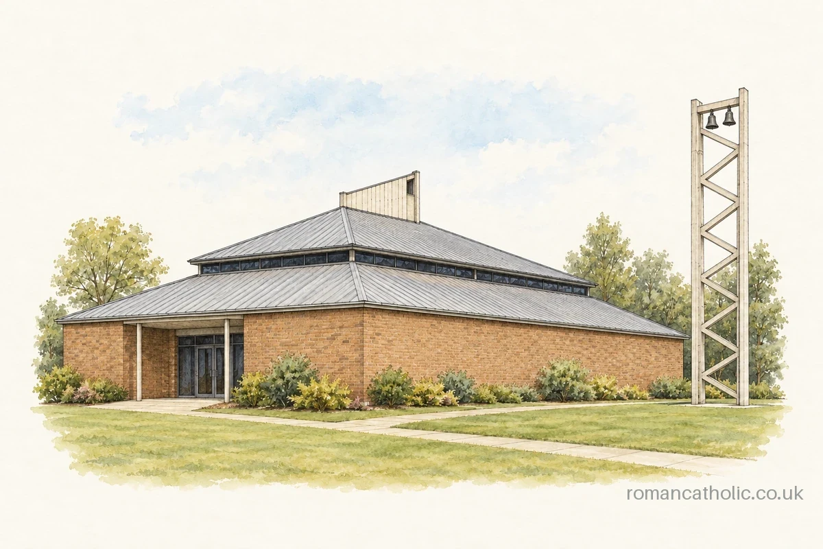 Our Lady of the Assumption in Thatcham with tiered roofs and separate open bell frame.