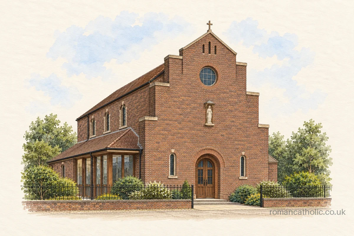 Our Lady of the Immaculate Conception and St Joseph, Waltham Cross, with its statue and round gable window.